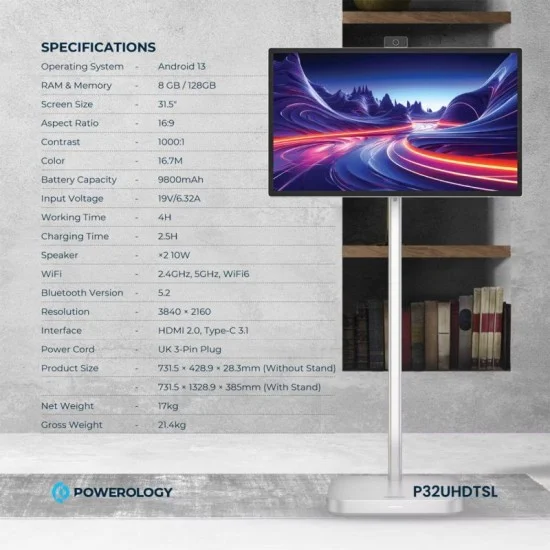 Powerology Android 32&rdquo; Uhd 60Hz Tablet With Stand - Silver